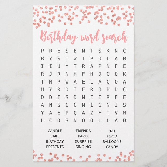 Birthday Word search game Birthday party (Front)