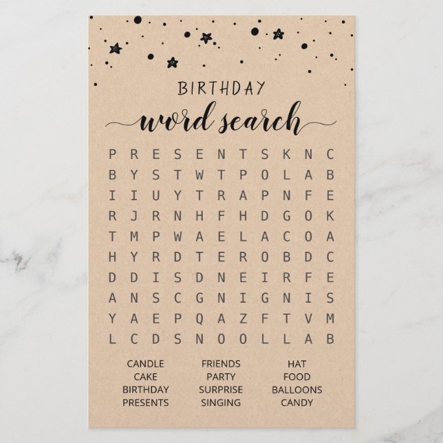 Birthday Word search game Birthday party (Front)