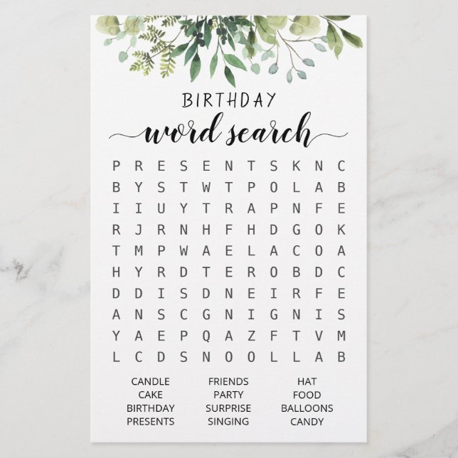 Birthday Word search game Birthday party (Front)