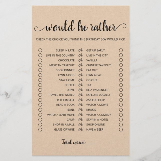 Birthday Would He Rather editable game (Front)