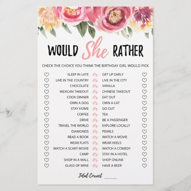Birthday Would She Rather editable game (Front)