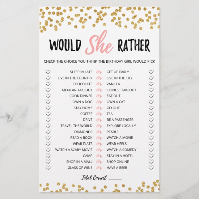 Birthday Would She Rather editable game (Front)