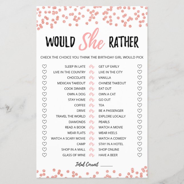 Birthday Would She Rather editable game (Front)