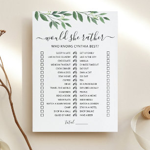 Birthday Would She Rather editable game Card