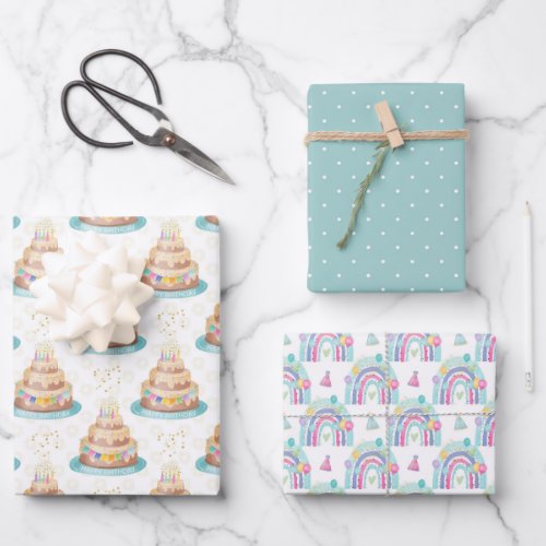 Birthday Wrapping Paper Cake and Rainbows Set of 3