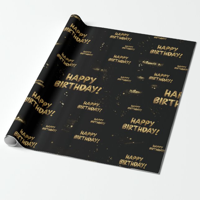 Birthday Wrapping Paper Gold Black Trendy Modern (Unrolled)