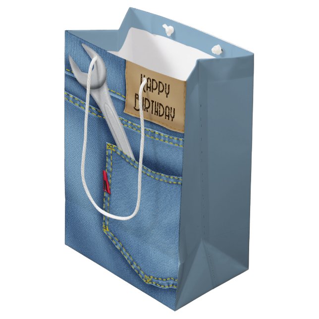 Birthday Wrench in Jean Pocket Medium Gift Bag (Front Angled)