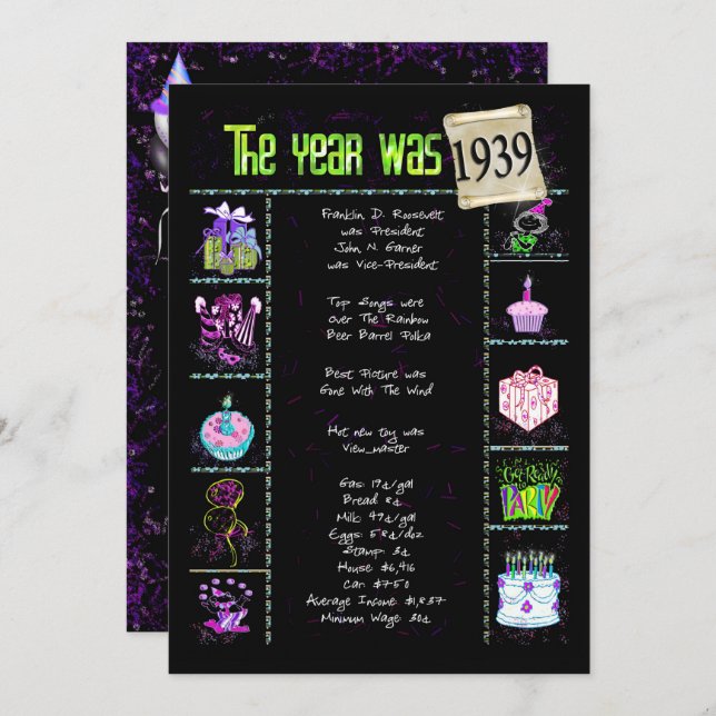 Birthday Year 1939 Invitation (Front/Back)