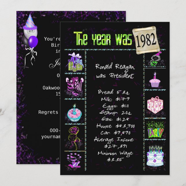 Birthday Year 1982 Trivia On Black Invitation (Front/Back)