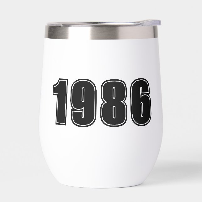 Birthday Year, custom black trendy typography Thermal Wine Tumbler (Left)