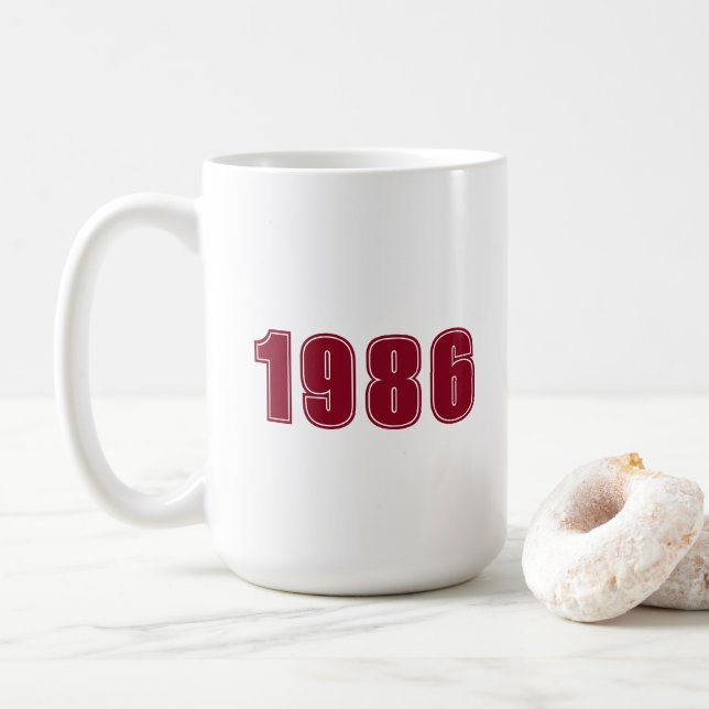 Birthday Year, custom burgundy trendy typography Coffee Mug (With Donut)