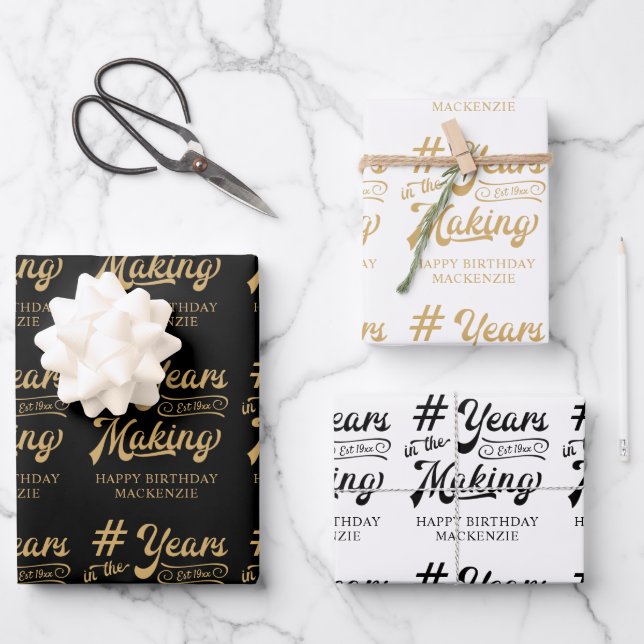 Birthday YEARS IN THE MAKING Script Black Gold Wrapping Paper Sheets (Front)