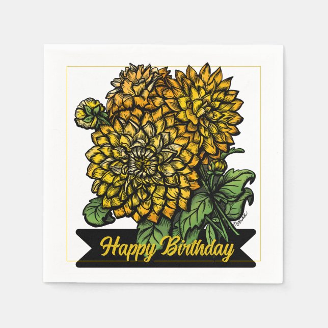 Birthday Yellow Dahlias Floral  Napkins (Front)