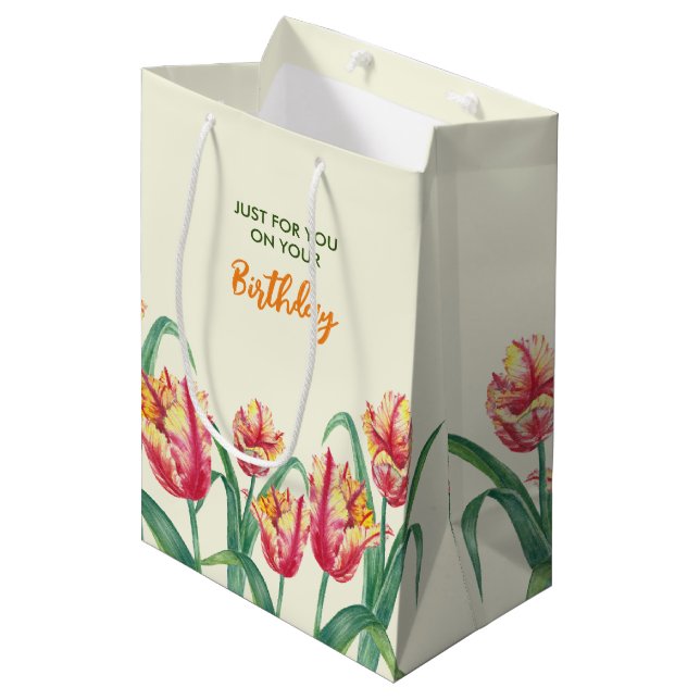 Birthday Yellow Parrot Tulips Floral Just for You Medium Gift Bag (Front Angled)