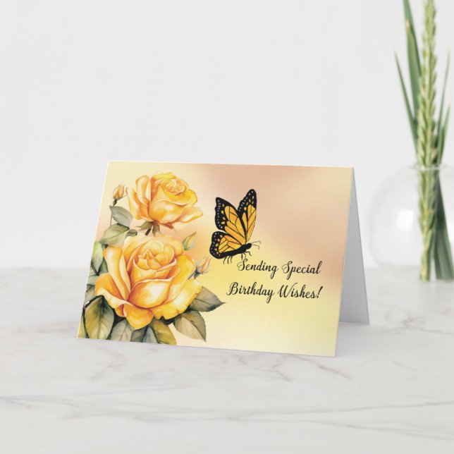 Birthday Yellow Roses with Monarch Butterfly Card (Front)