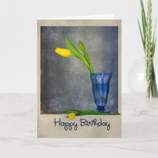 birthday yellow tulip in blue glass card (Front)