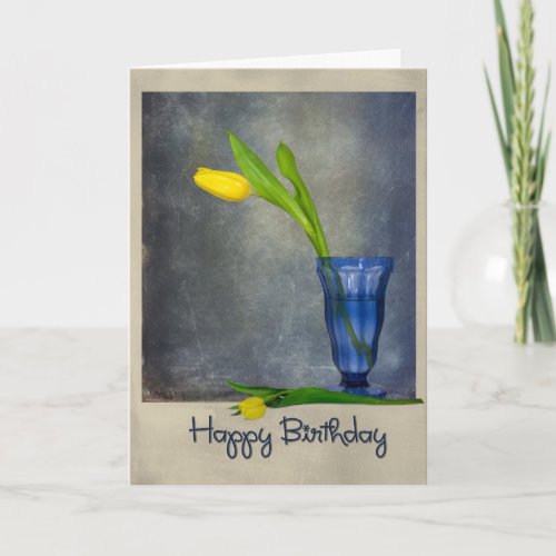 birthday yellow tulip in blue glass card