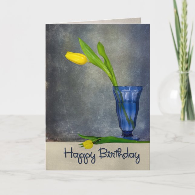 birthday yellow tulip in blue glass card (Front)