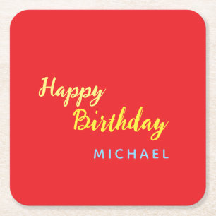 Birthday Your Name Minimalist Personal Modern Square Paper Coaster