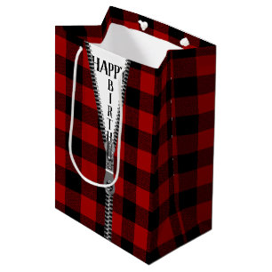 Birthday Zipper On Buffalo Plaid Medium Gift Bag