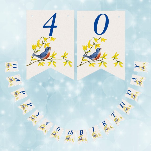 BirthdayBlue Red Bird on Branch Yellow Flowers Bunting Flags (Cute singing red blue bird on branch yellow flowers Happy birthday bunting flag party banner.)