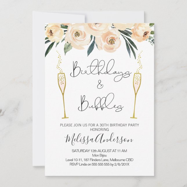 Birthdays And Bubbly Floral Birthday Invitation (Front)