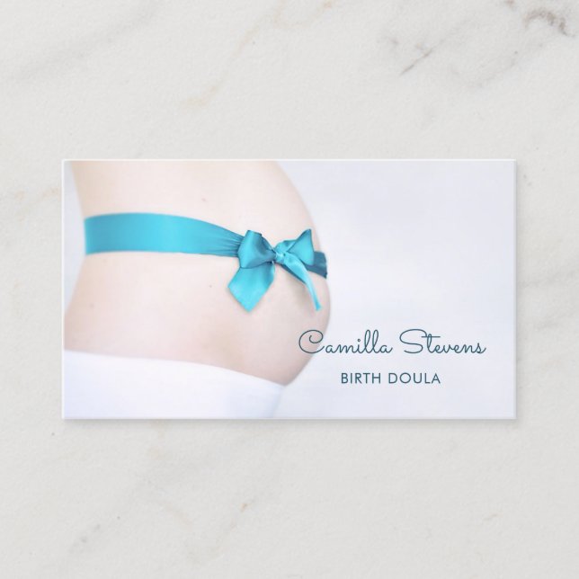 Birthing Doula Pregnant Baby Bump With Blue Ribbon Business Card (Front)