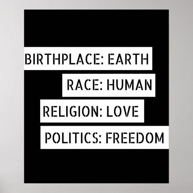 Birthplace: Earth, Race: Human, Religion: Love... Poster (Front)
