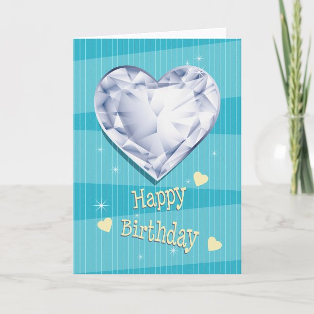 Birthstone April Blue Diamond Heart Birthday Card (Front)