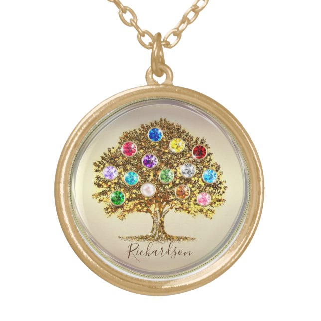 Birthstone Family Tree JEWELRY, MOM day gift idea  Gold Plated Necklace (Front)