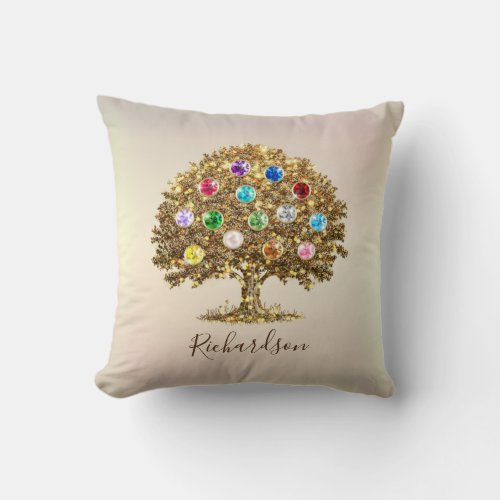 Birthstone Family Tree mothers day gift gold pearl Throw Pillow