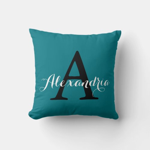 Biscay Bay Elegant Teal Solid Color Monogram Throw Pillow