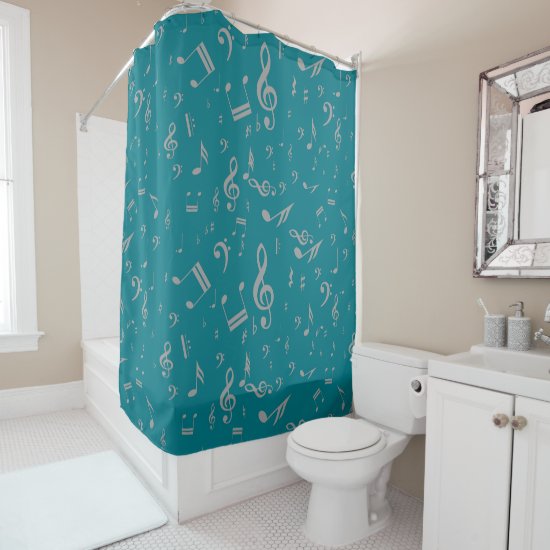 Biscay Bay teal with gray music note accents Shower Curtain