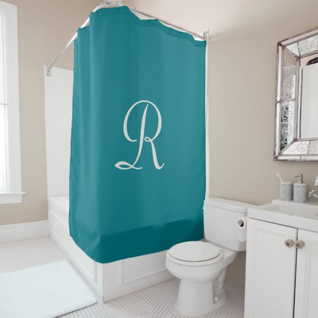 Biscay Bay Trendy Blue White Monogram Shower Curtain (In Situ)
