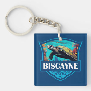 Biscayne National Park Turtle Illustration Retro Keychain