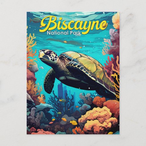 Biscayne National Park Turtle Illustration Retro Postcard