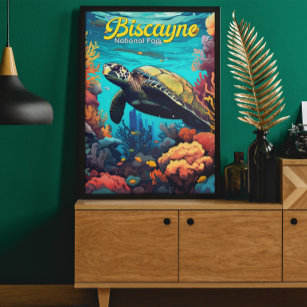 Biscayne National Park Turtle Illustration Retro Poster