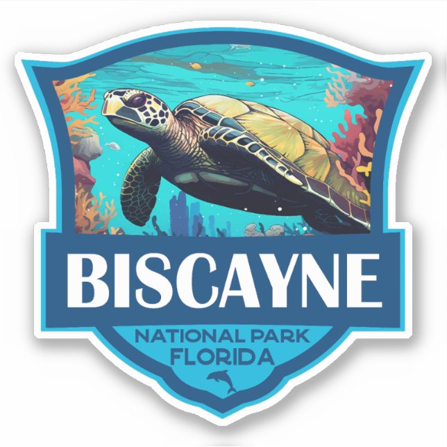 Biscayne National Park Turtle Illustration Retro Sticker (Front)