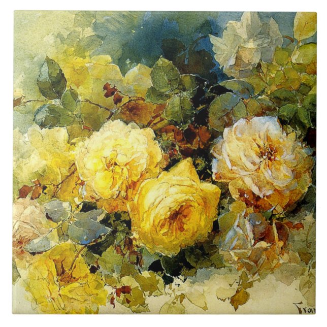 Bischoff - Roses (yellow), fine art painting, Ceramic Tile (Front)