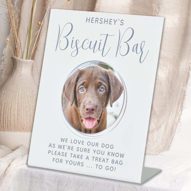 Biscuit Bar Pet Photo Dusty Blue Dog Wedding Favor Pedestal Sign (Creator Uploaded)
