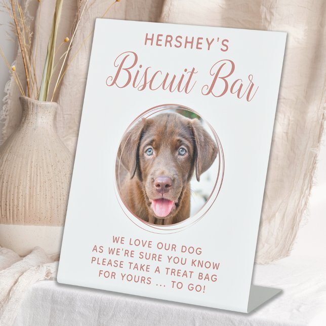 Biscuit Bar Pet Photo Rose Gold Dog Wedding Favor Pedestal Sign (Creator Uploaded)