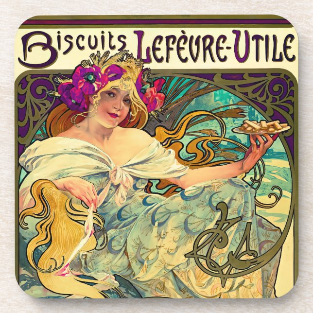 Biscuits Lefevre-Utile by Alphonse Mucha (1896) Beverage Coaster (Front)