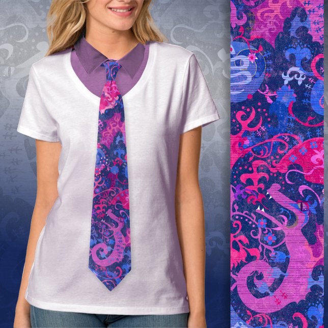 Bisexual Dragon Damask - Bi Pride Flag Colors Neck Tie (Creator Uploaded)