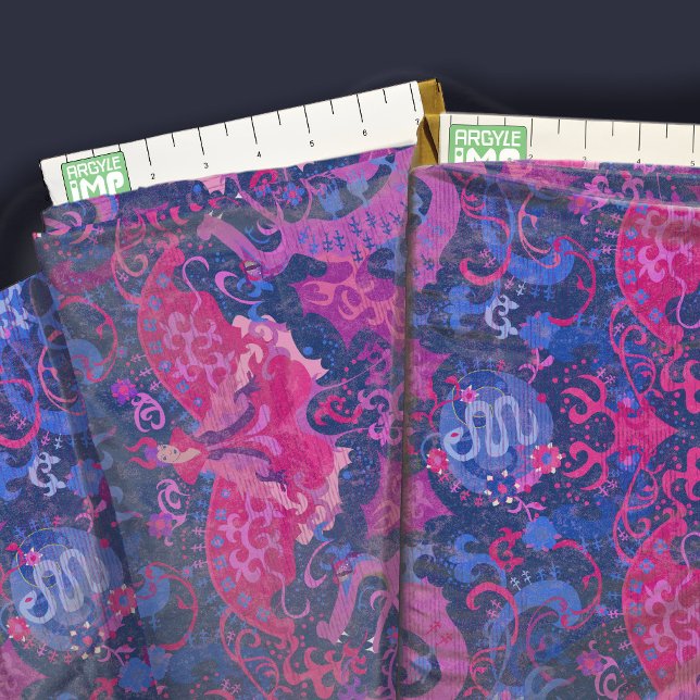 Bisexual Pride Flag Colors Dragon Damask Fabric (close-up with ruler)