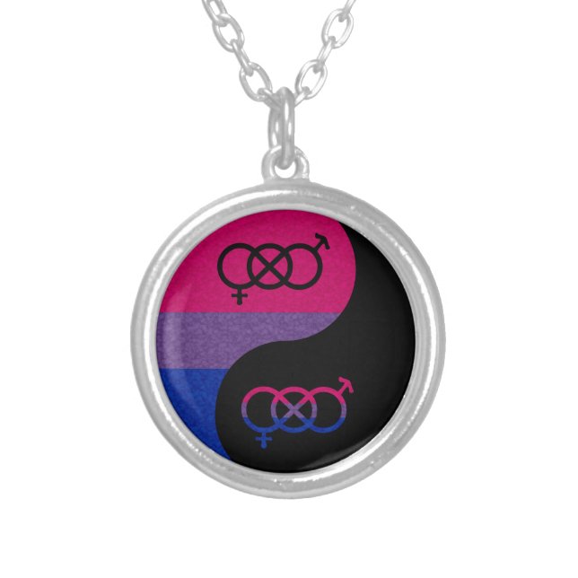 Bisexual Pride Yin and Yang Symbol in Pride Flag Silver Plated Necklace (Front)