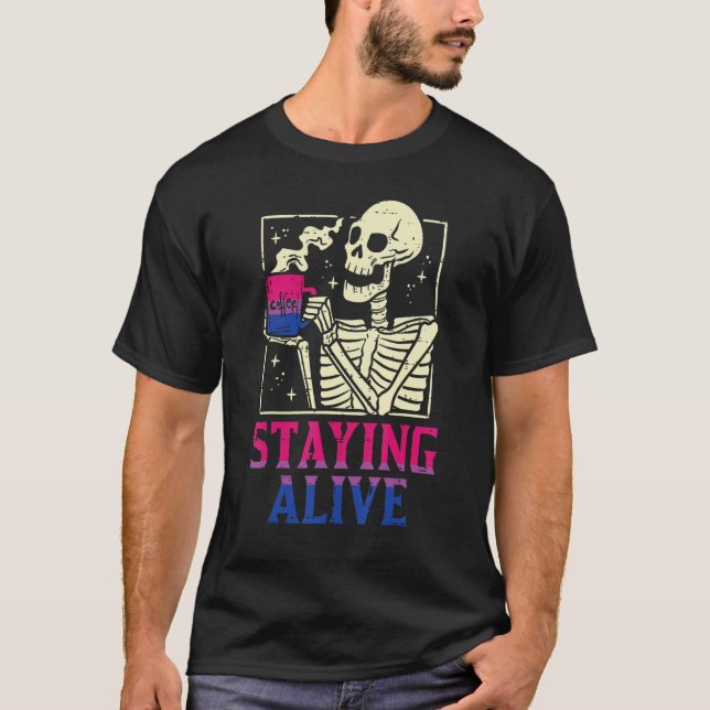 Bisexual Skeleton Staying Alive Bi Pride Flag Lgbt T-Shirt (Front)