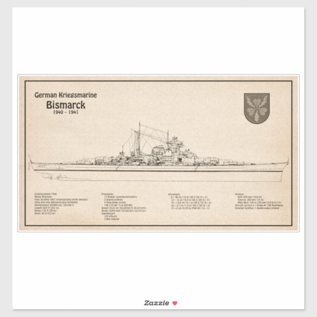 Bismarck - Battleship Blueprint Plans SD Sticker (Sheet)