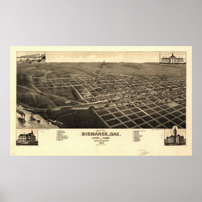 Bismarck North Dakota 1883 Antique Panoramic Map Poster (Front)