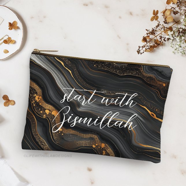Bismillah Alhamdullilah Black Gold Agate Accessory Pouch (Creator Uploaded)