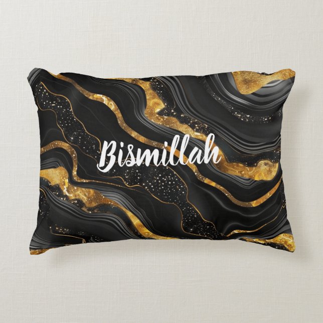 Bismillah Alhamdullilah Gold Black Agate Accent Pillow (Front)